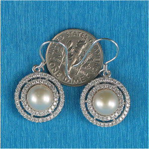 Sterling Silver Peach Pearl CZ Double Circle Hook Earrings