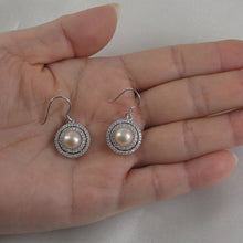 Load image into Gallery viewer, Sterling Silver Peach Pearl CZ Double Circle Hook Earrings