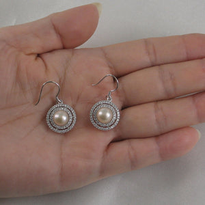 Sterling Silver Peach Pearl CZ Double Circle Hook Earrings