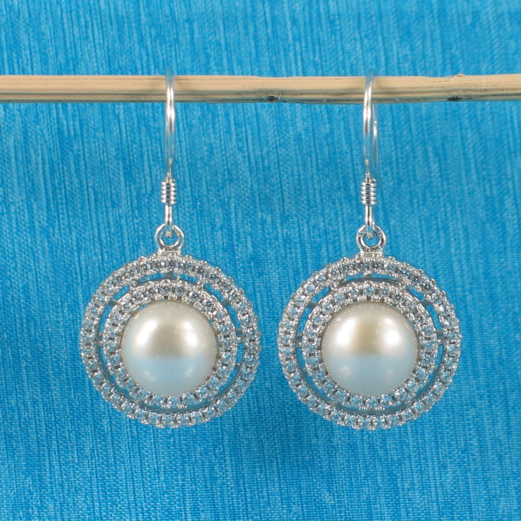 Sterling Silver Peach Pearl CZ Double Circle Hook Earrings