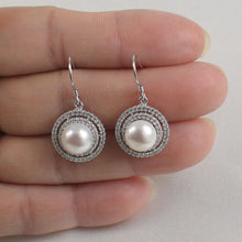 Load image into Gallery viewer, Sterling Silver White Pearl CZ Double Circle Hook Earrings