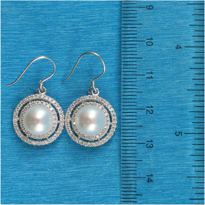 Sterling Silver White Pearl CZ Double Circle Hook Earrings