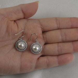 Sterling Silver White Pearl CZ Double Circle Hook Earrings