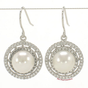 Sterling Silver White Pearl CZ Double Circle Hook Earrings