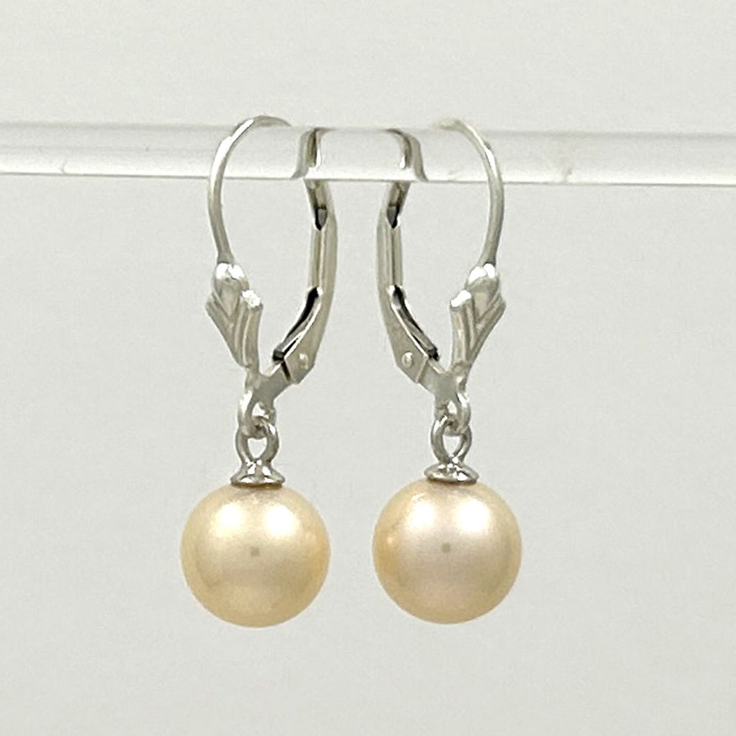 Sterling Silver 8–8.5mm Peach Pearl Fleur De Lis Leverback Earrings