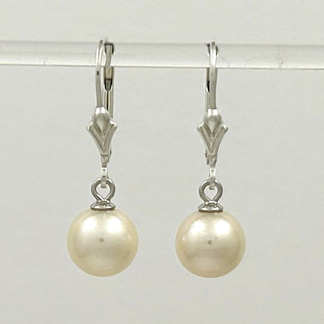 Sterling Silver 8–8.5mm White Pearl Fleur De Lis Leverback Earrings
