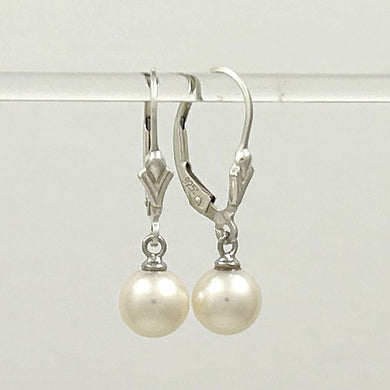 Sterling Silver 7–7.5mm White Pearl Fleur De Lis Leverback Earrings