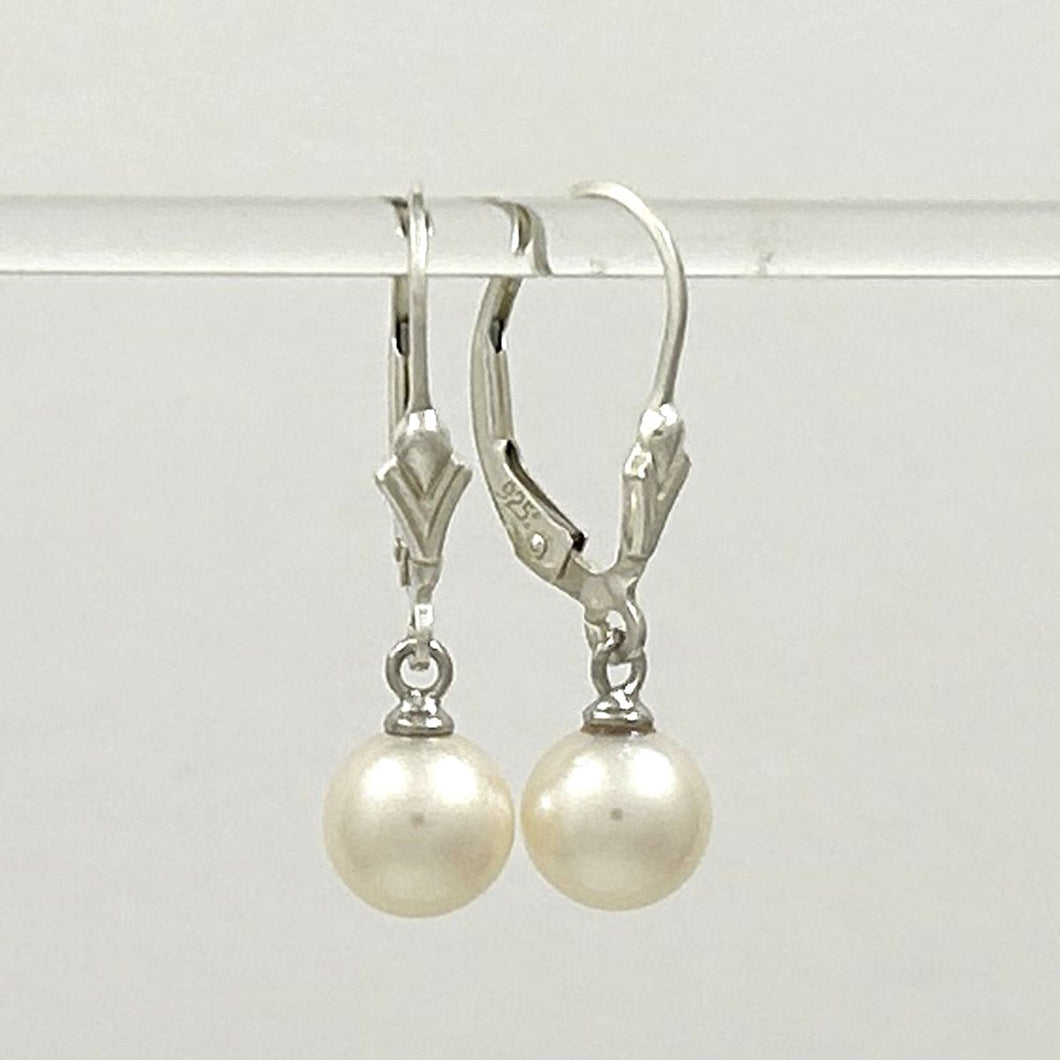 Sterling Silver 7–7.5mm White Pearl Fleur De Lis Leverback Earrings