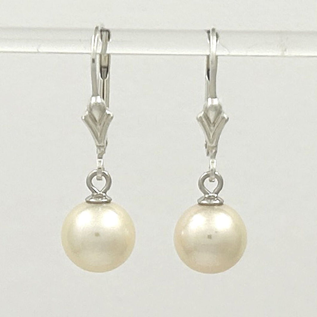 Sterling Silver 7.5–8mm White Pearl Fleur De Lis Leverback Earrings
