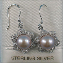 Load image into Gallery viewer, Sterling Silver Pink Pearl CZ Flower Hook Earrings
