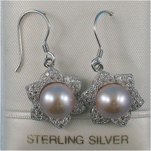 Sterling Silver Pink Pearl CZ Flower Hook Earrings