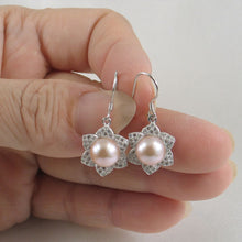 Load image into Gallery viewer, Sterling Silver Pink Pearl CZ Flower Hook Earrings