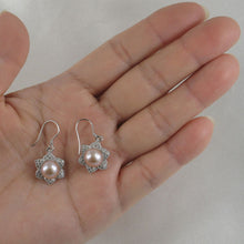 Load image into Gallery viewer, Sterling Silver Pink Pearl CZ Flower Hook Earrings