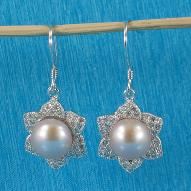 Sterling Silver Pink Pearl CZ Flower Hook Earrings