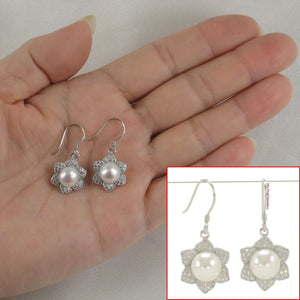 Sterling Silver White Pearl CZ Flower Hook Earrings