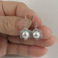 Load image into Gallery viewer, Sterling Silver White Pearl CZ Flower Hook Earrings