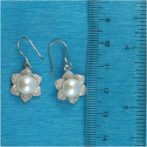 Sterling Silver White Pearl CZ Flower Hook Earrings