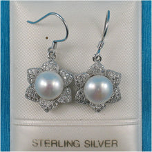 Load image into Gallery viewer, Sterling Silver White Pearl CZ Flower Hook Earrings