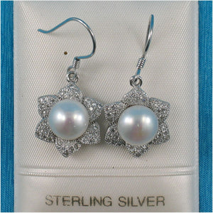 Sterling Silver White Pearl CZ Flower Hook Earrings