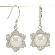 Load image into Gallery viewer, Sterling Silver White Pearl CZ Flower Hook Earrings