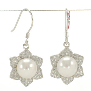 Sterling Silver White Pearl CZ Flower Hook Earrings