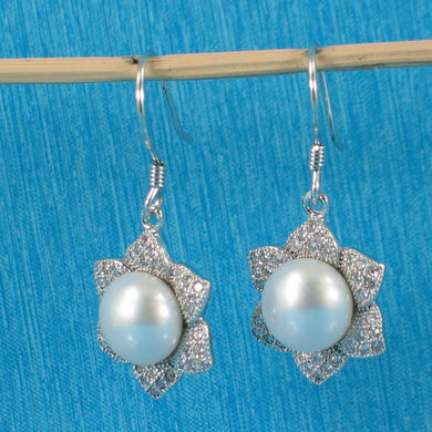 Sterling Silver White Pearl CZ Flower Hook Earrings