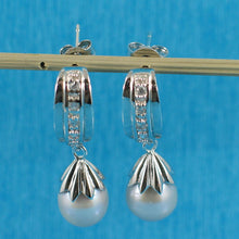 Load image into Gallery viewer, Sterling Silver Gray Pearl &amp; CZ Dangle Earrings