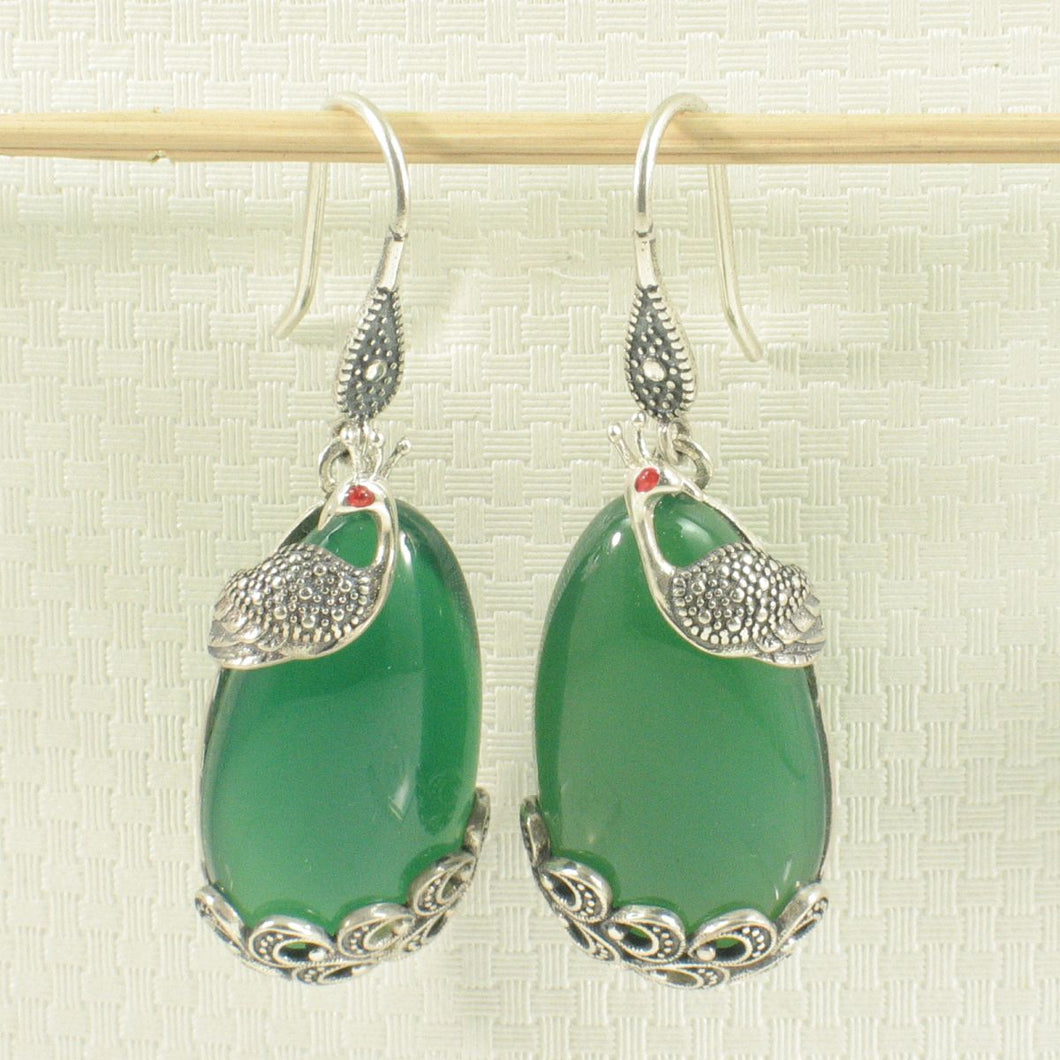 Sterling Silver Green Agate Cabochon Hook Earrings