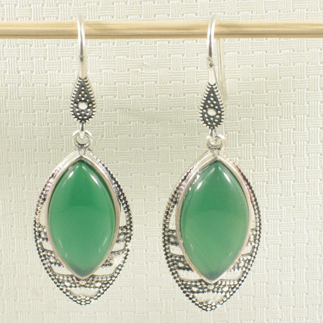 Sterling Silver Green Agate Hook Earrings: Marquise Dangle