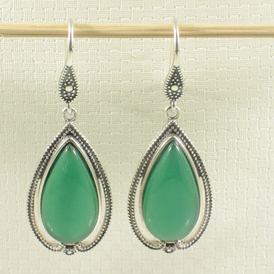 Sterling Silver Green Agate Pear Cabochon Hook Earrings
