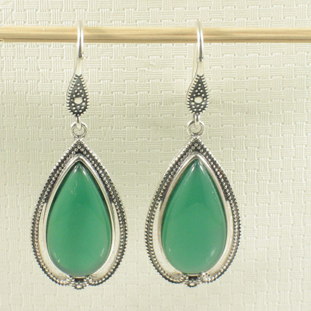 Sterling Silver Green Agate Pear Cabochon Hook Earrings