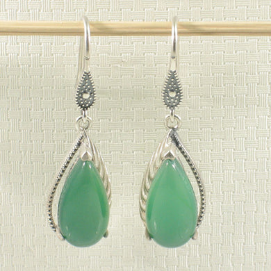 Sterling Silver Green Agate Pear Hook Earrings