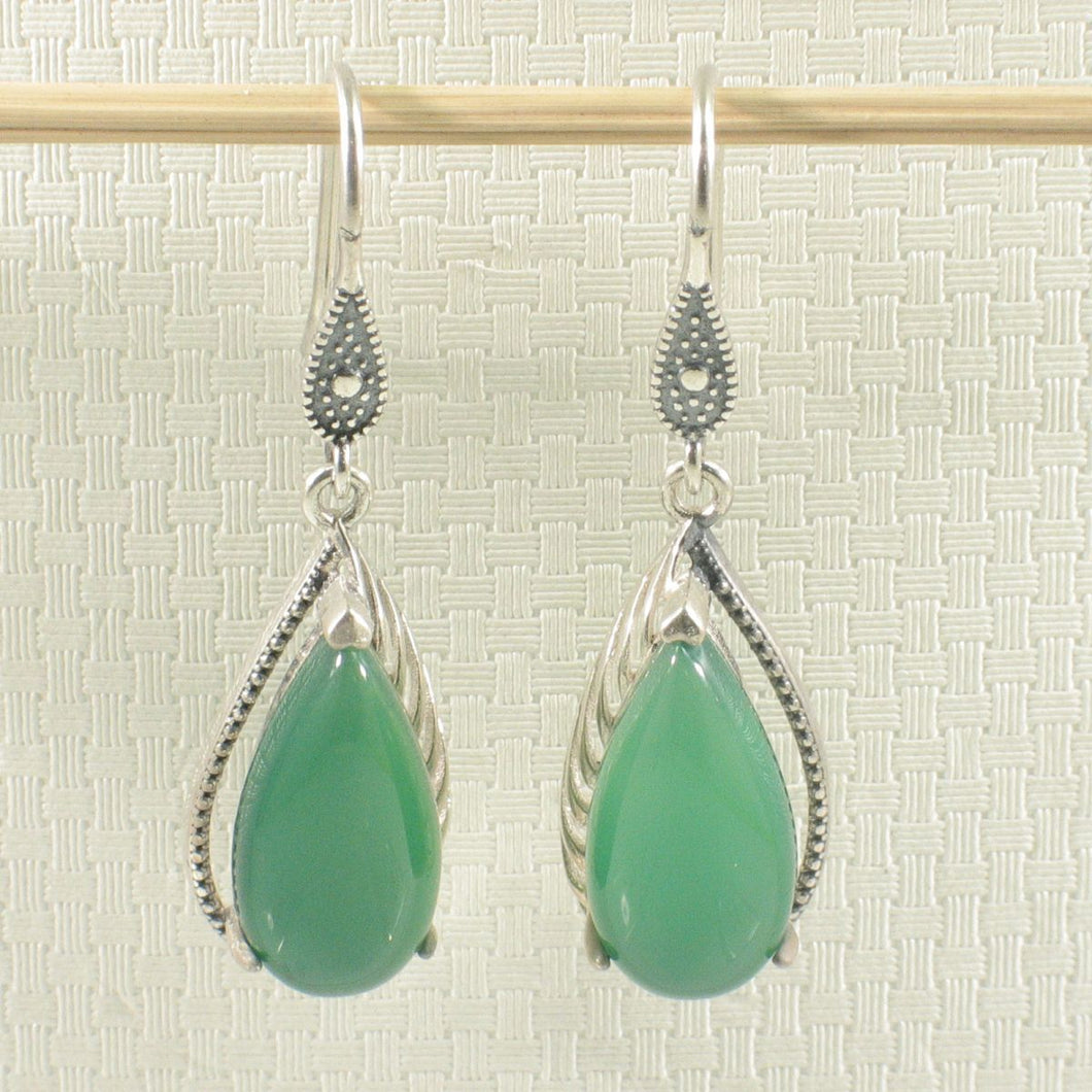 Sterling Silver Green Agate Pear Hook Earrings