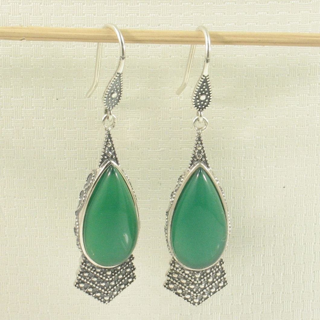 Sterling Silver Green Agate Pear Hook Earrings