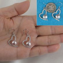 Load image into Gallery viewer, Sterling Silver Lavender Pearl CZ Heart Hook Earrings