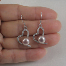 Load image into Gallery viewer, Sterling Silver Lavender Pearl CZ Heart Hook Earrings