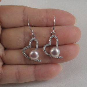 Sterling Silver Lavender Pearl CZ Heart Hook Earrings