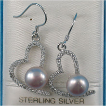 Load image into Gallery viewer, Sterling Silver Lavender Pearl CZ Heart Hook Earrings