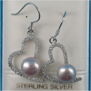 Sterling Silver Lavender Pearl CZ Heart Hook Earrings