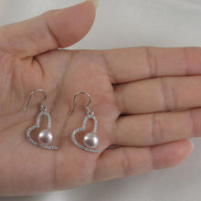 Load image into Gallery viewer, Sterling Silver Lavender Pearl CZ Heart Hook Earrings