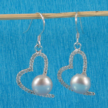 Load image into Gallery viewer, Sterling Silver Lavender Pearl CZ Heart Hook Earrings