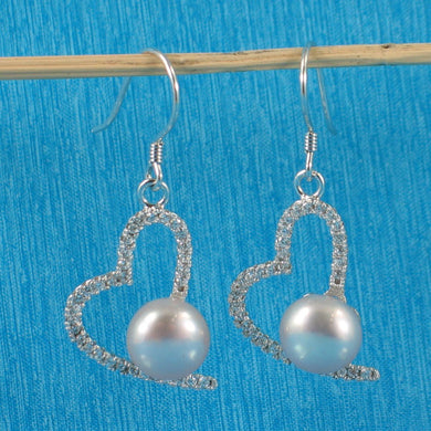 Sterling Silver Lavender Pearl CZ Heart Hook Earrings