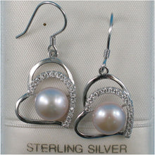 Load image into Gallery viewer, Sterling Silver Pink Pearl CZ Heart Hook Earrings