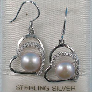 Sterling Silver Pink Pearl CZ Heart Hook Earrings