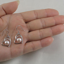 Load image into Gallery viewer, Sterling Silver Pink Pearl CZ Heart Hook Earrings