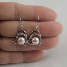 Load image into Gallery viewer, Sterling Silver Pink Pearl CZ Heart Hook Earrings