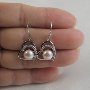 Sterling Silver Pink Pearl CZ Heart Hook Earrings