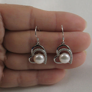 Sterling Silver White Pearl CZ Heart Hook Earrings