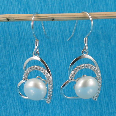 Sterling Silver White Pearl CZ Heart Hook Earrings