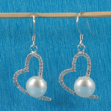 Load image into Gallery viewer, Sterling Silver White Pearl CZ Heart Hook Earrings